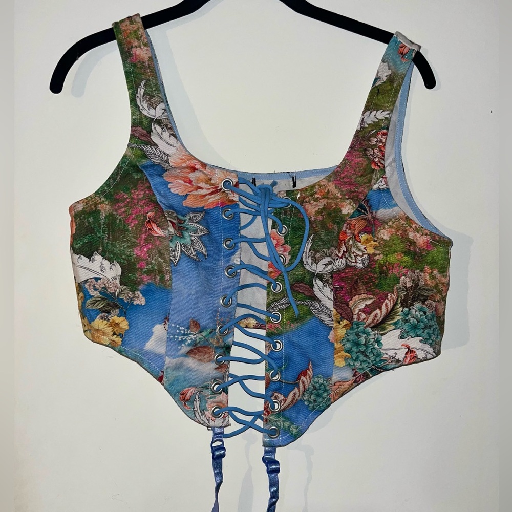 Floral Lace-Up Corset Crop Top in Multicolor